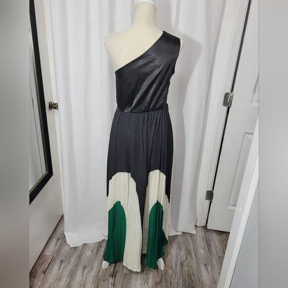 One shoulder maxi dress Black/green Sz Small - Picture 4 of 9